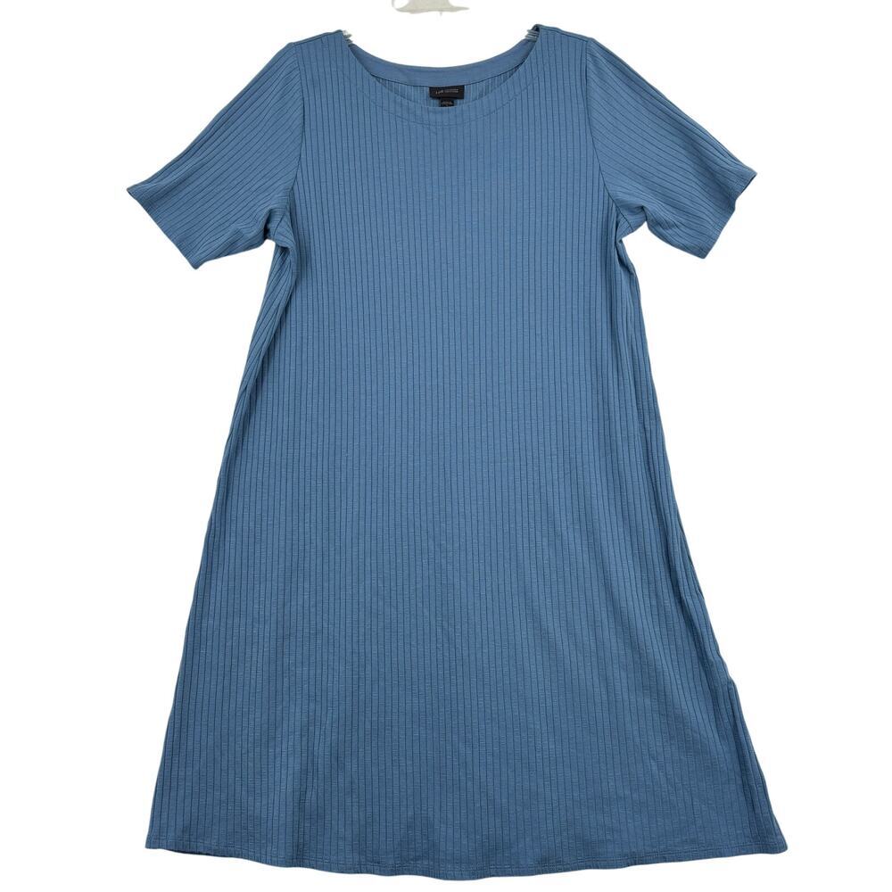J. Jill Wearever T Shirt Dress Size L Blue Rib Knit Midi Elbow Sleeve Boat Neck